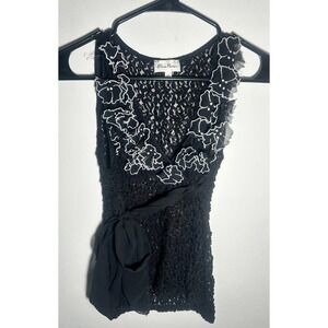Blanc Nature Black Sleeveless Lace Top w/ Floral Appliqués & Ribbon - Size 40